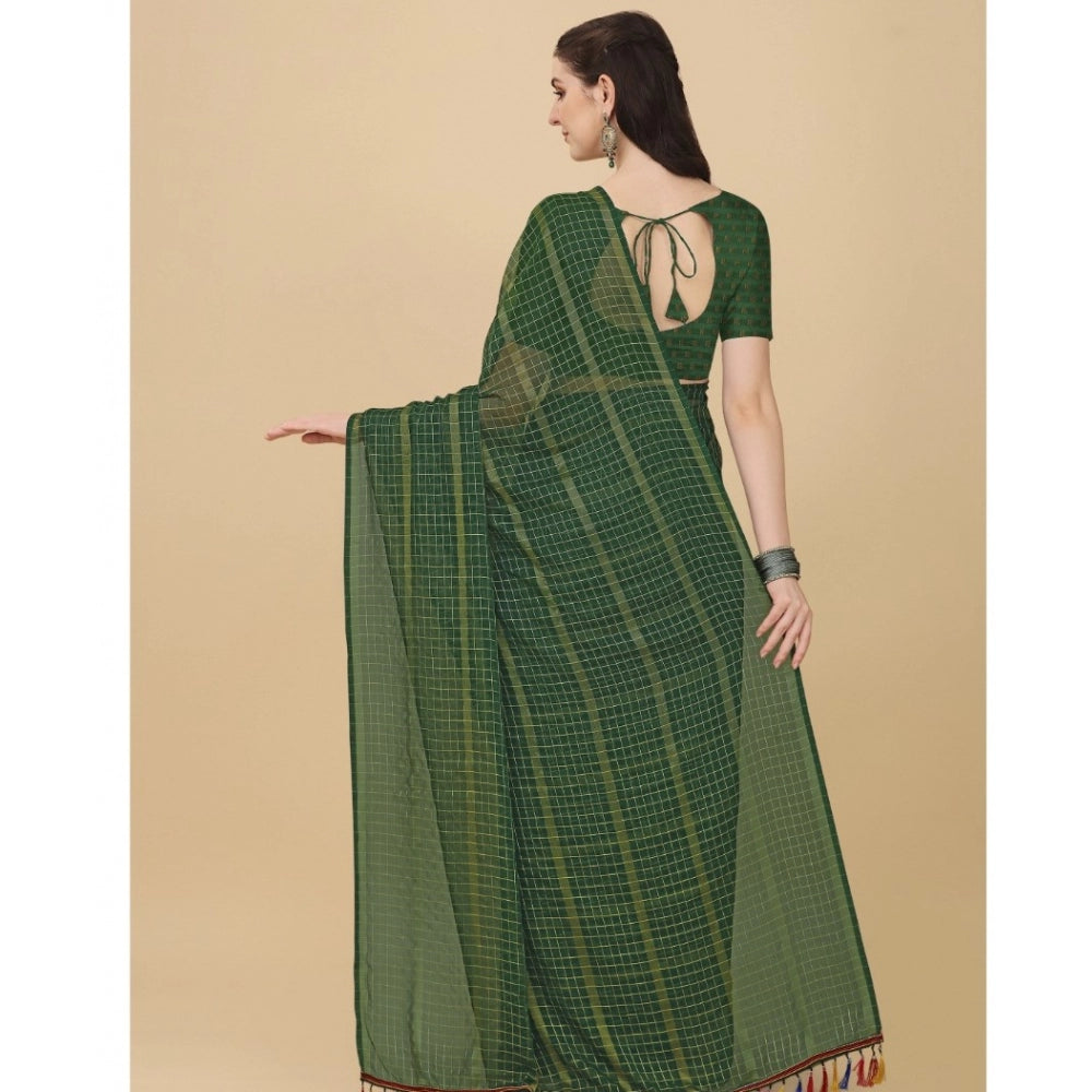 Clasymist Women's Silk Blend Checkered Saree With Unstitched Blouse 5.5Mtr (Green)