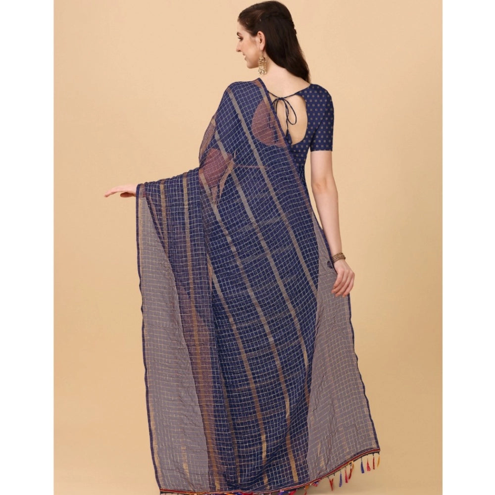 Clasymist Women's Silk Blend Checkered Saree With Unstitched Blouse 5.5Mtr (Blue)