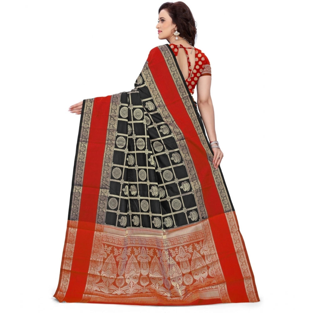 Clasymist Women's Jacquard Woven Saree With Unstitched Blouse 5.5Mtr (Red-Black)