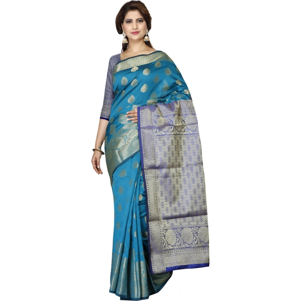 Clasymist Women's Jacquard Woven Saree With Unstitched Blouse 5.5Mtr (Green-Blue)