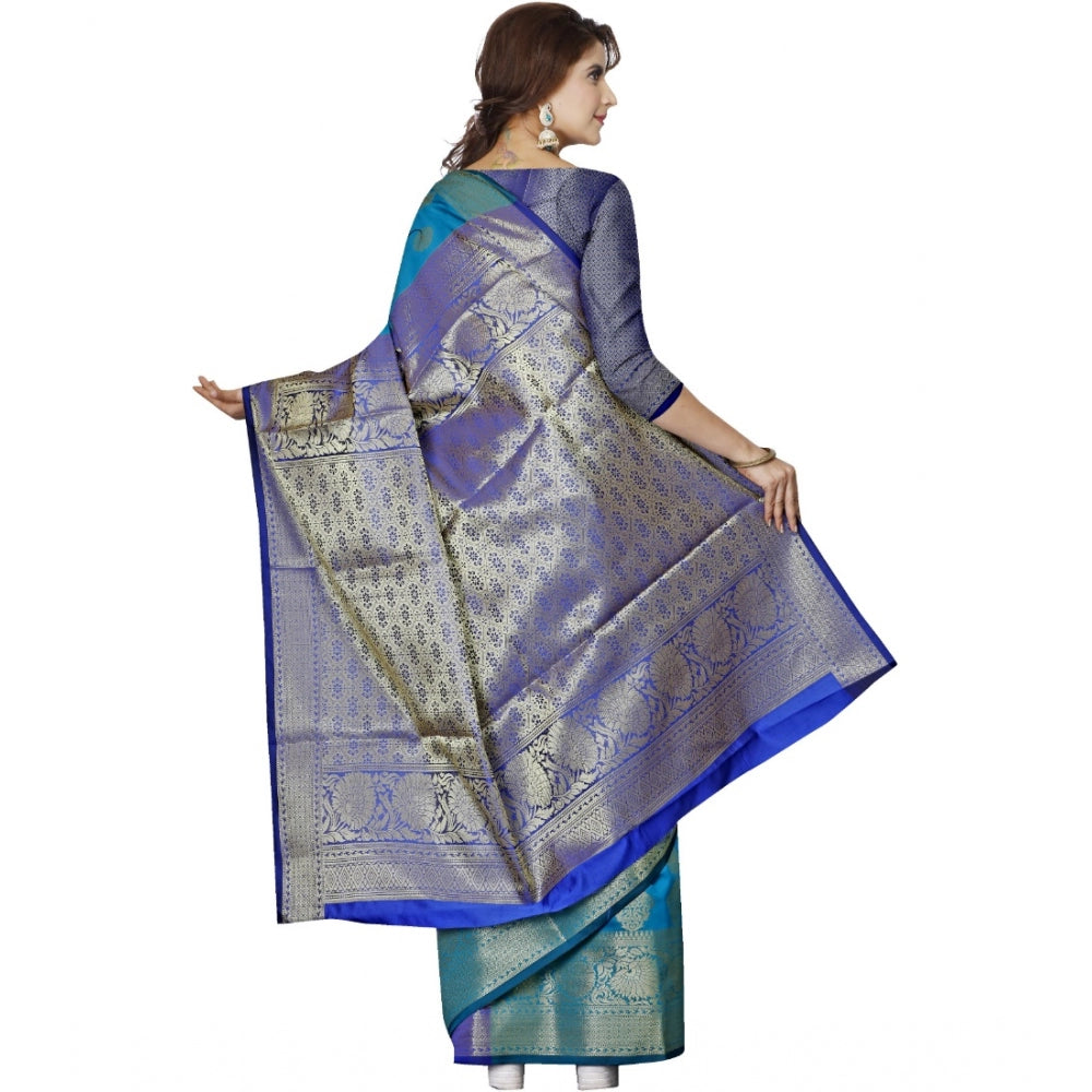 Clasymist Women's Jacquard Woven Saree With Unstitched Blouse 5.5Mtr (Green-Blue)