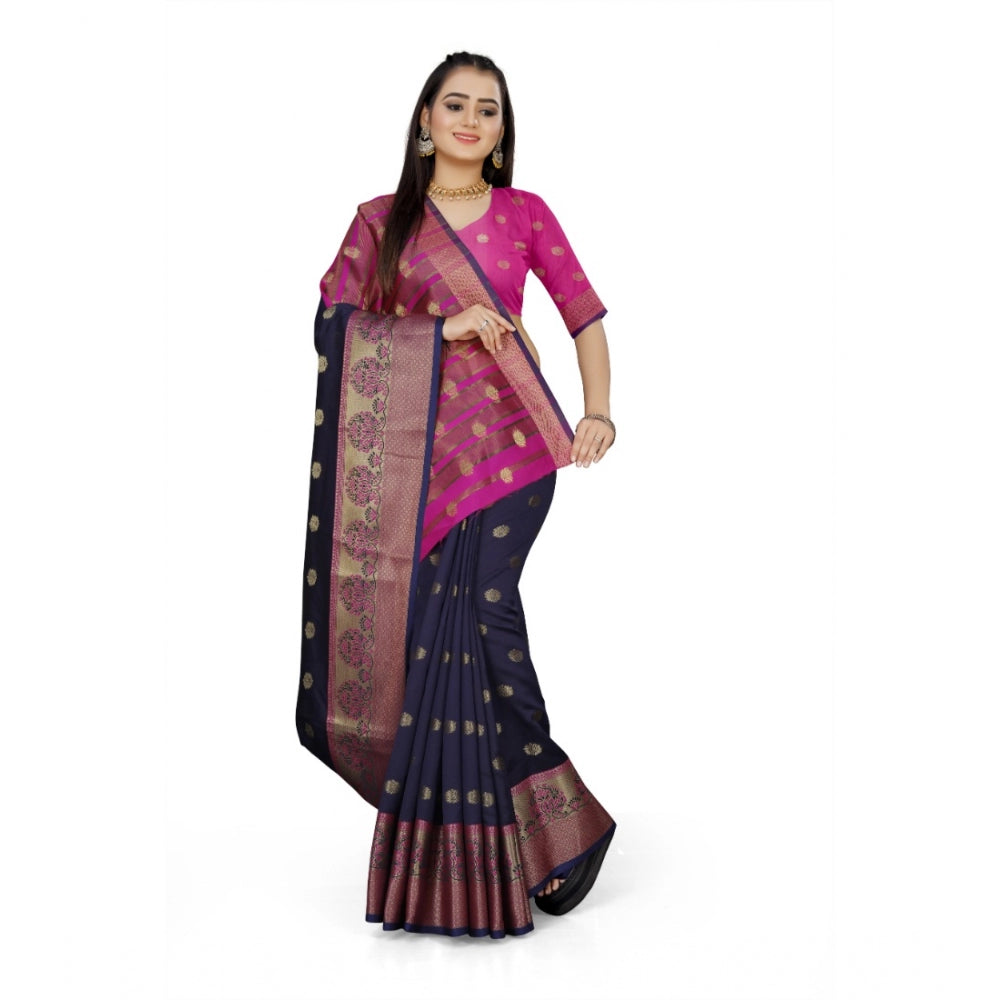 Clasymist Women's Jacquard Woven Saree With Unstitched Blouse 5.5Mtr (Dark Blue)