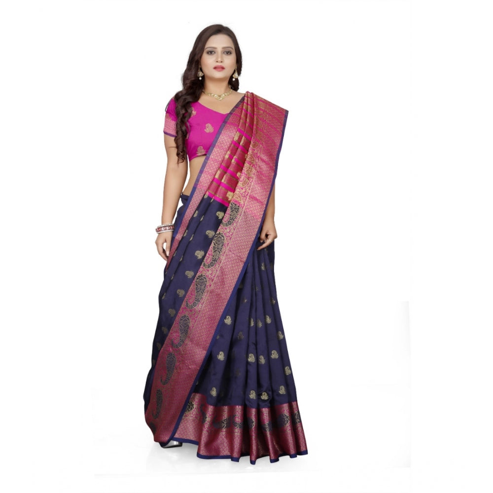 Clasymist Women's Jacquard Woven Saree With Unstitched Blouse 5.5Mtr (Dark Blue)