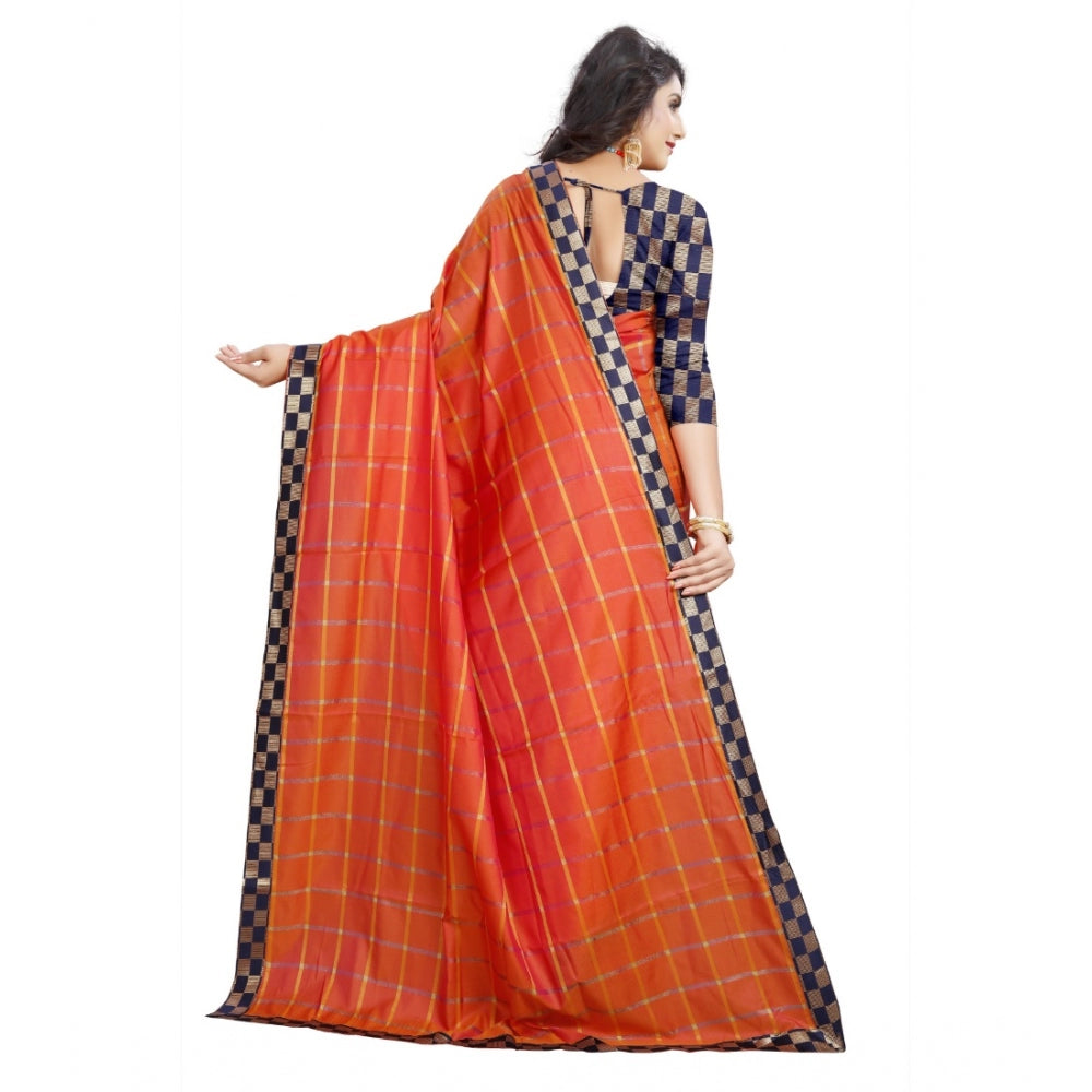 Clasymist Women's Cotton Silk Checkered Saree With Unstitched Blouse 5.5Mtr (Orange)