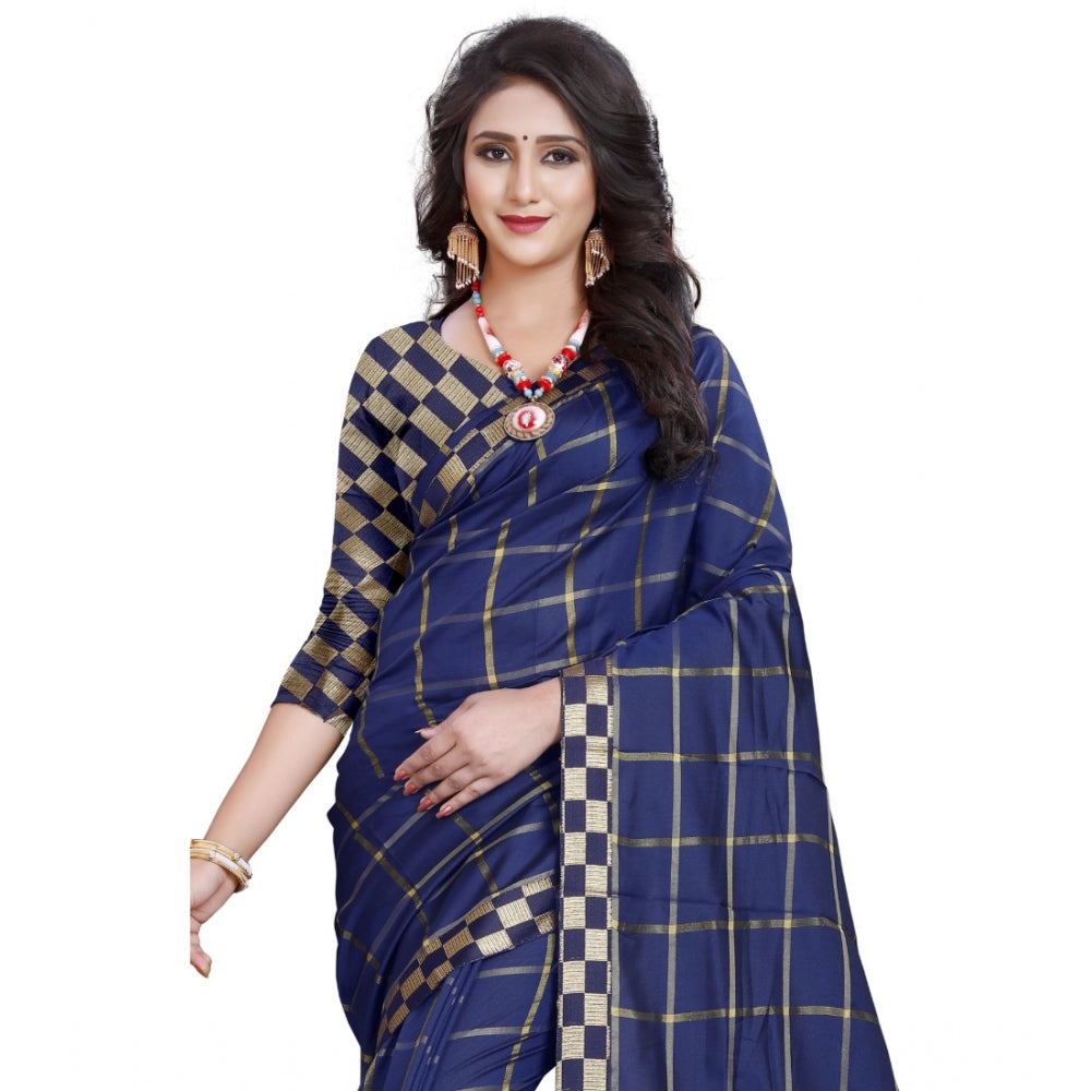 Clasymist Women's Cotton Silk Checkered Saree With Unstitched Blouse 5.5Mtr (Dark Blue)