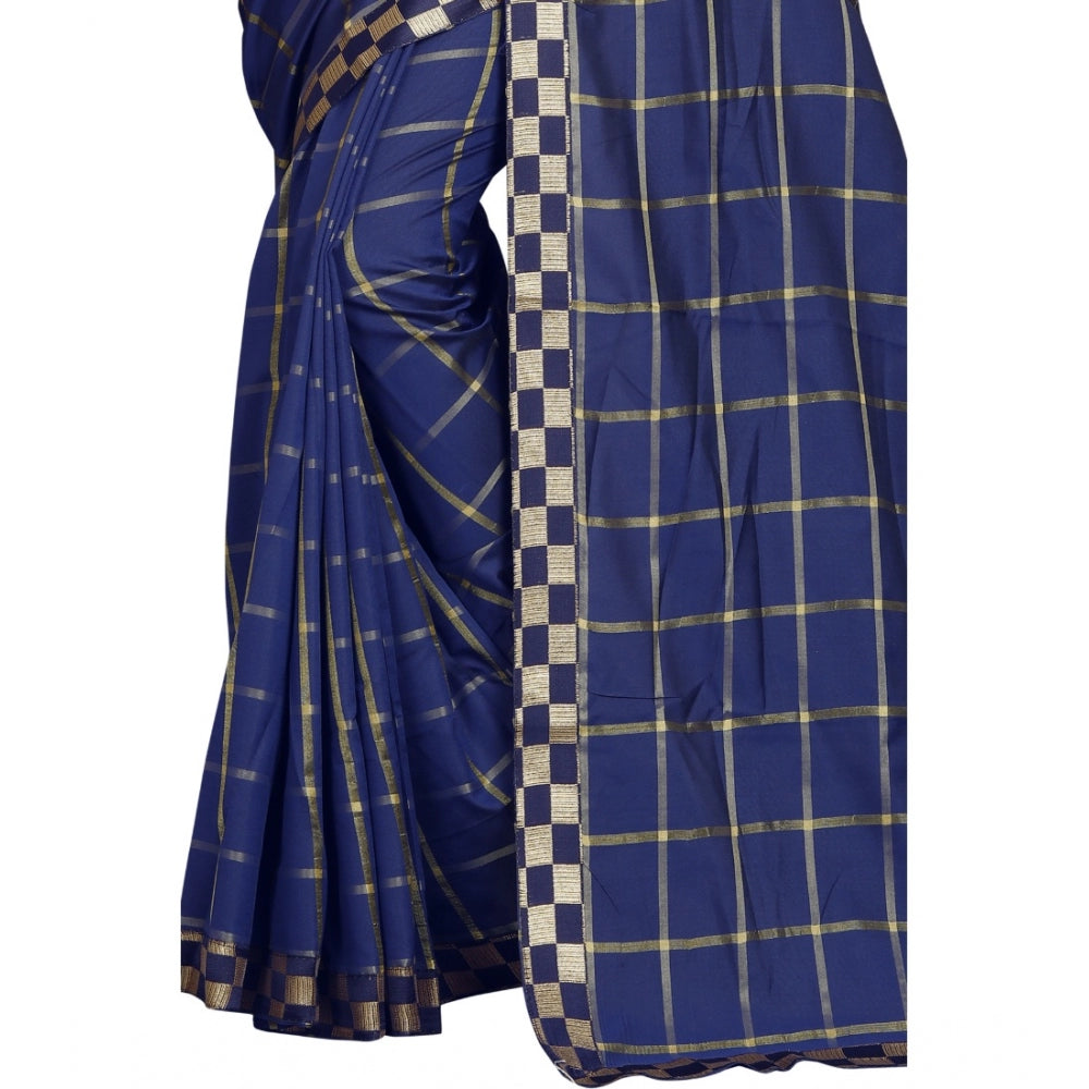 Clasymist Women's Cotton Silk Checkered Saree With Unstitched Blouse 5.5Mtr (Dark Blue)