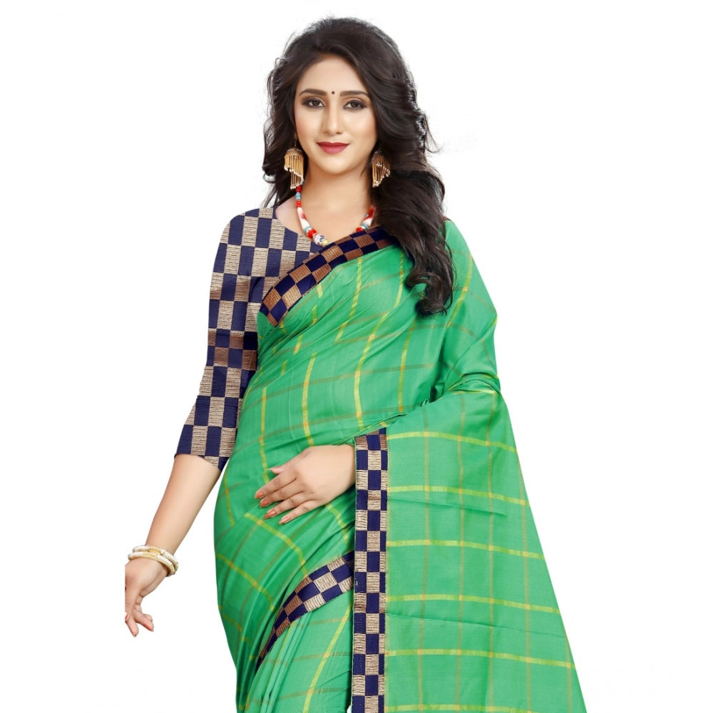 Clasymist Women's Cotton Silk Checkered Saree With Unstitched Blouse 5.5Mtr (Green)