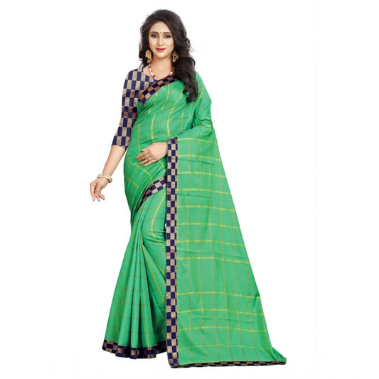 Clasymist Women's Cotton Silk Checkered Saree With Unstitched Blouse 5.5Mtr (Green)