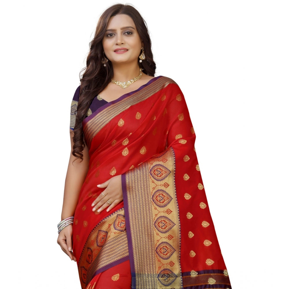 Clasymist Women's Silk Blend Woven Saree With Unstitched Blouse 5.5Mtr (Purple-Red)