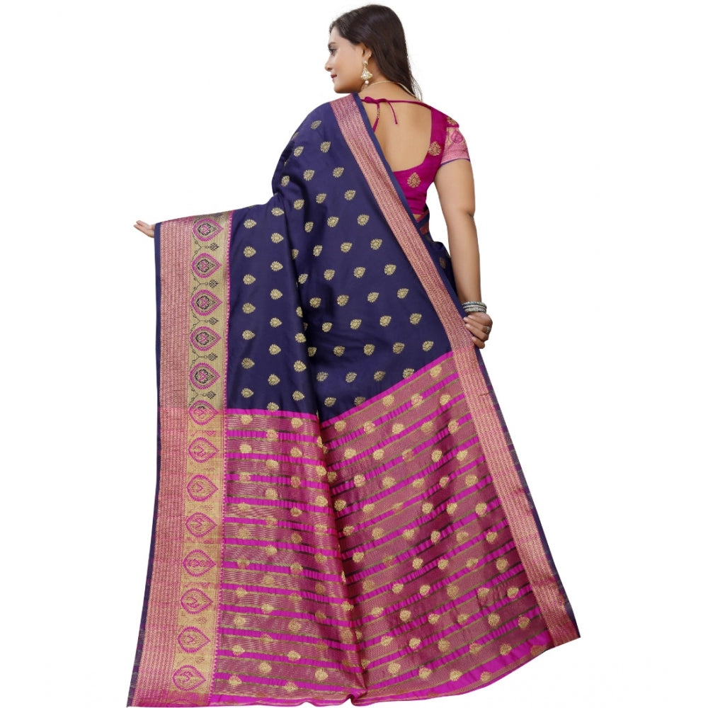 Clasymist Women's Silk Blend Woven Saree With Unstitched Blouse 5.5Mtr (Dark Blue-Pink)