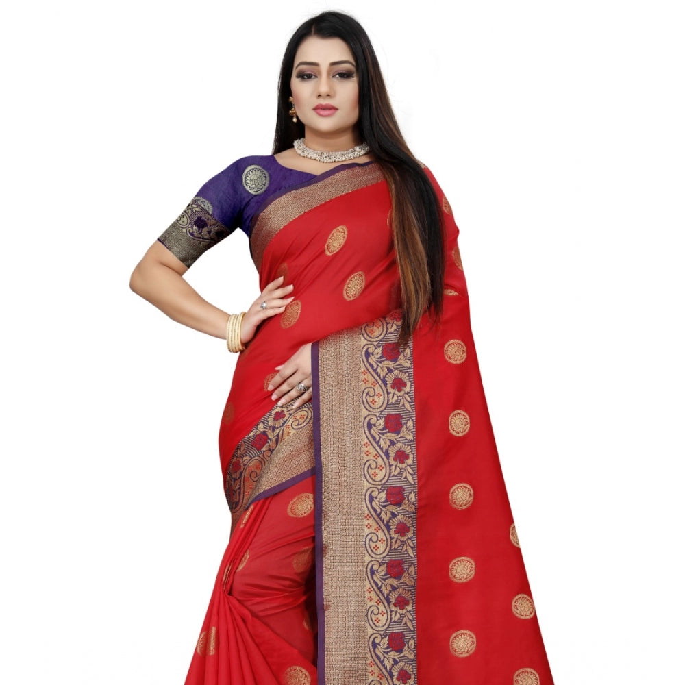 Clasymist Women's Silk Blend Woven Saree With Unstitched Blouse 5.5Mtr (Red-Blue)