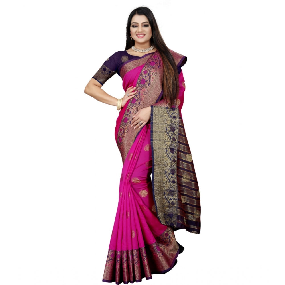 Clasymist Women's Silk Blend Woven Saree With Unstitched Blouse 5.5Mtr (Blue-Pink)