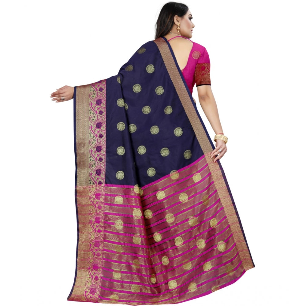 Clasymist Women's Silk Blend Woven Saree With Unstitched Blouse 5.5Mtr (Dark Blue-Pink)