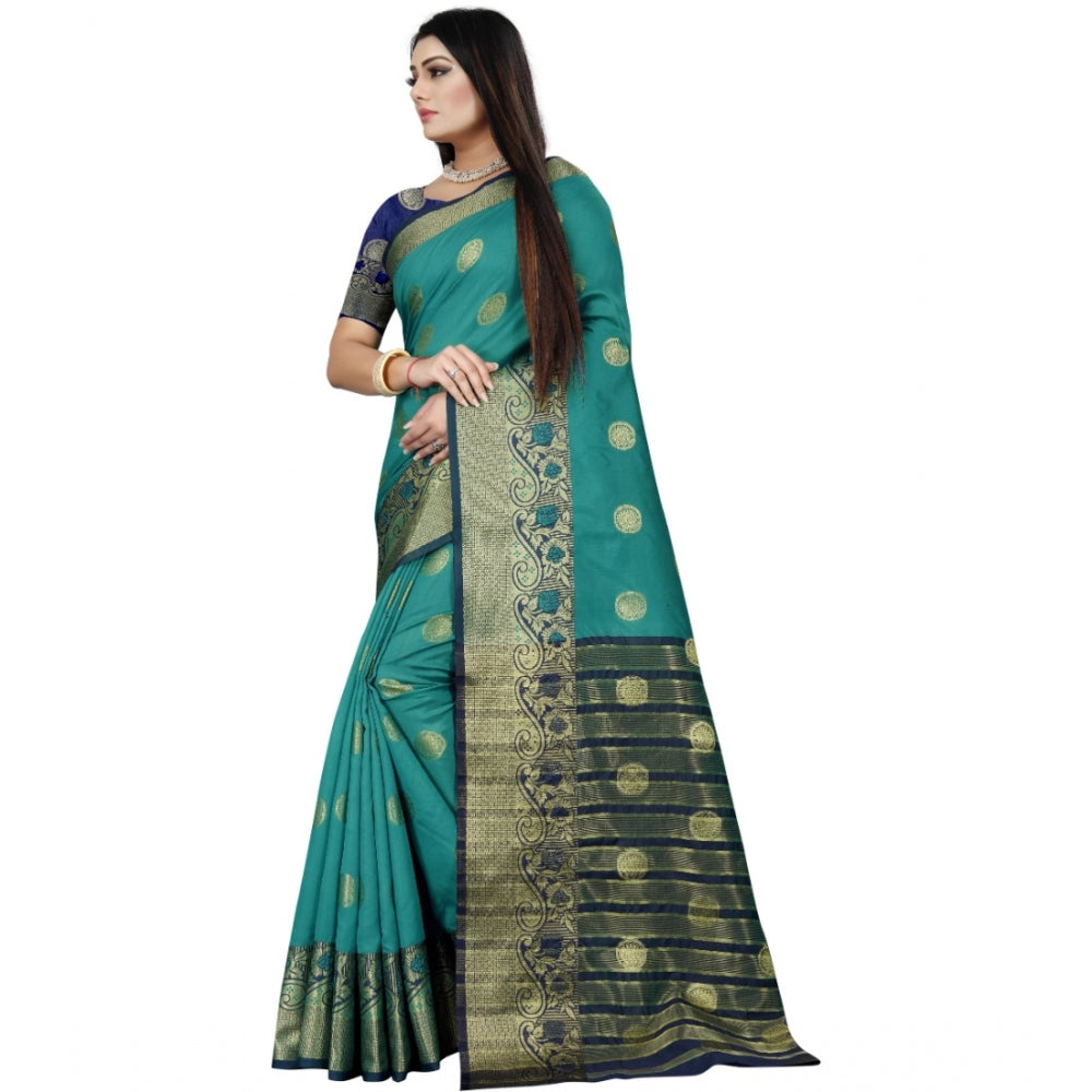 Clasymist Women's Silk Blend Woven Saree With Unstitched Blouse 5.5Mtr (Green-Blue)