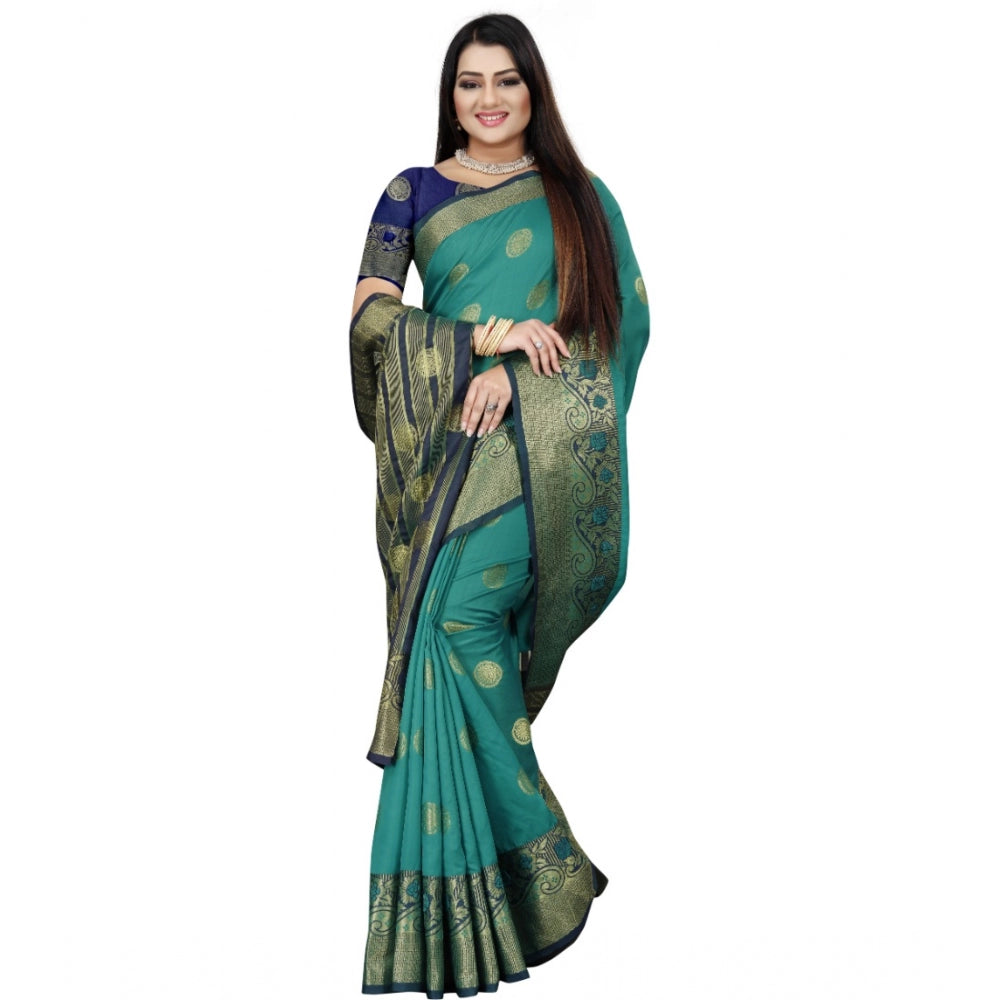 Clasymist Women's Silk Blend Woven Saree With Unstitched Blouse 5.5Mtr (Green-Blue)