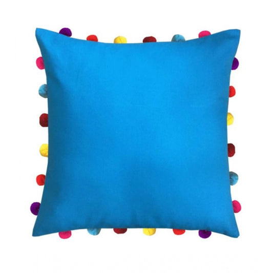 Clasymist Cotton Solid Pom Pom Cushion Covers (Blue, Size: 18x18 In)