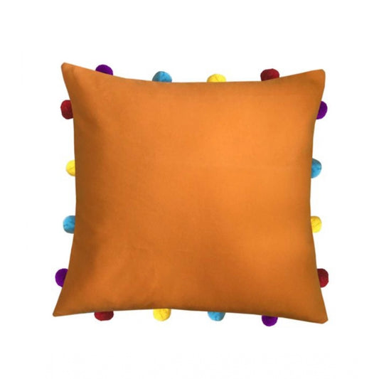 Clasymist Cotton Solid Pom Pom Cushion Covers (Orange, Size: 14x14 In)