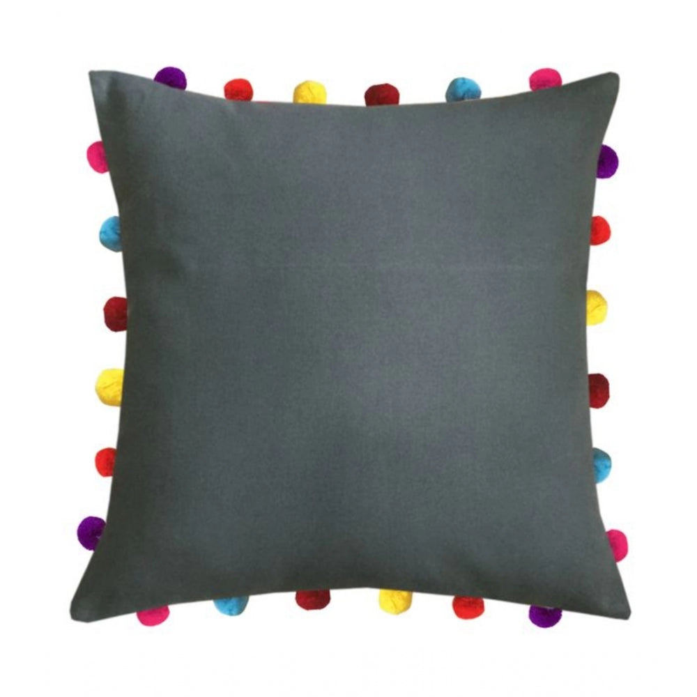 Clasymist Cotton Solid Pom Pom Cushion Covers (Grey, Size: 18x18 In)