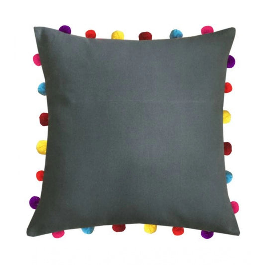 Clasymist Cotton Solid Pom Pom Cushion Covers (Grey, Size: 18x18 In)