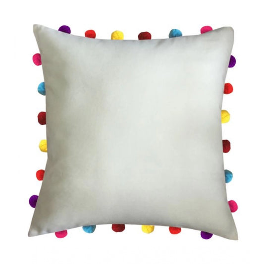 Clasymist Cotton Solid Pom Pom Cushion Covers (Off-white, Size: 18x18 In)