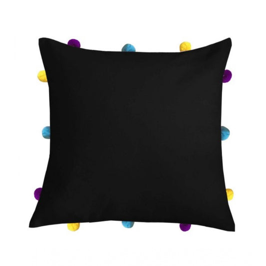 Clasymist Cotton Solid Pom Pom Cushion Covers (Black, Size: 12x12 In)