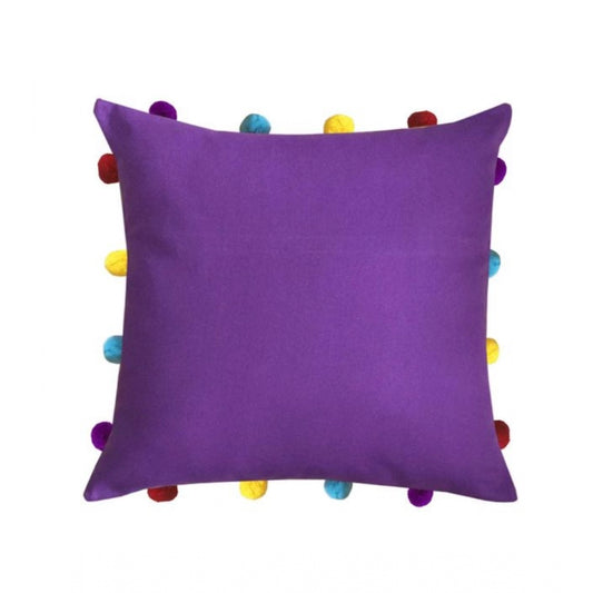 Clasymist Cotton Solid Pom Pom Cushion Covers (Dark Purple, Size: 14x14 In)