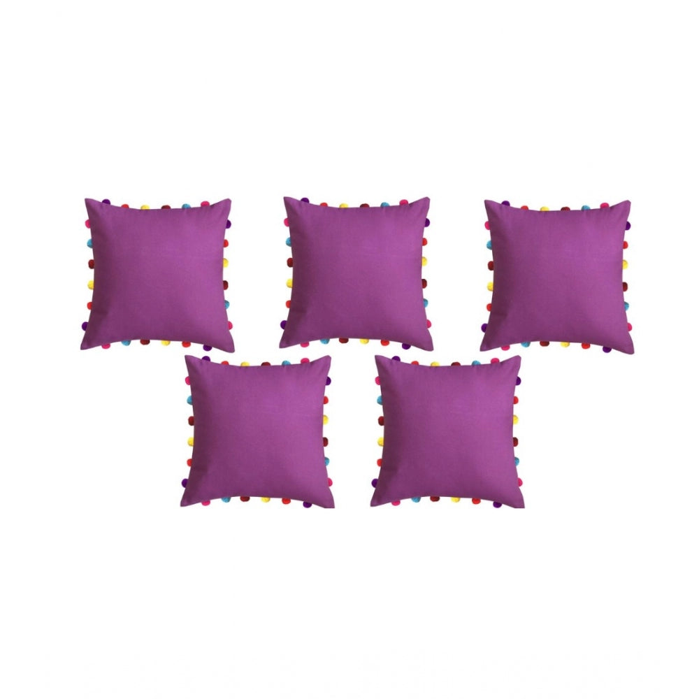 Clasymist Cotton Solid Pom Pom Cushion Covers (Purple, Size: 18x18 In)