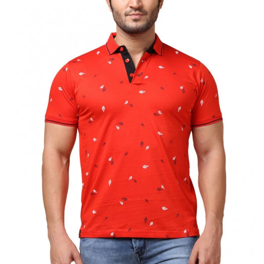 Clasymist Men's Casual Cotton Printed Polo Neck Half Sleeve T-Shirt (Red)