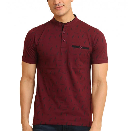 Clasymist Men's Casual Cotton Printed Mandarin Collar Half Sleeve T-Shirt (Plum)