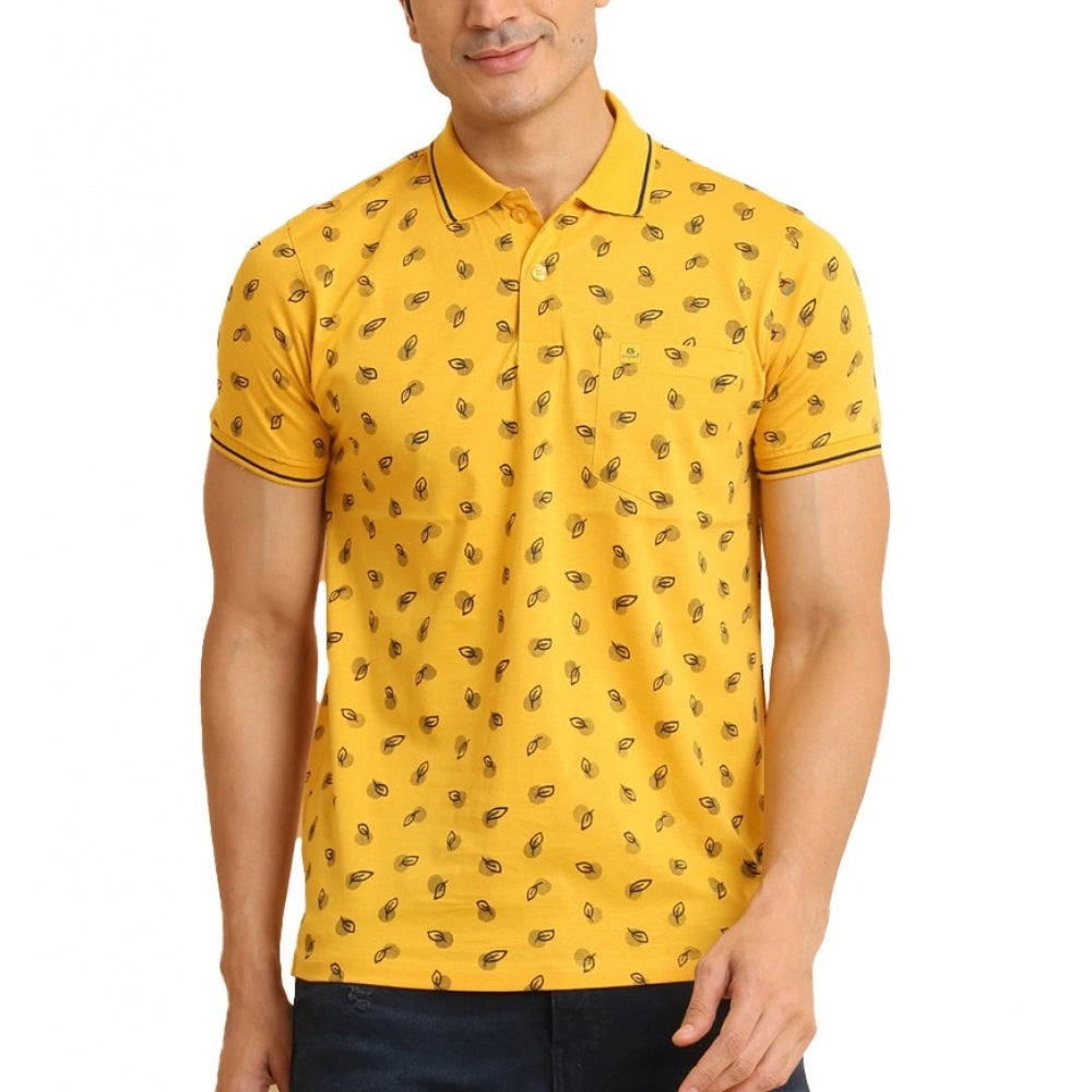 Clasymist Men's Casual Cotton Printed Polo Neck Half Sleeve T-Shirt (Mustard)