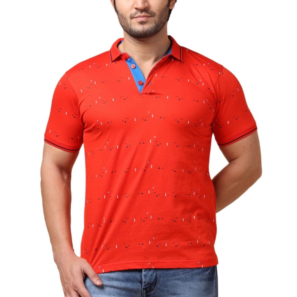 Clasymist Men's Casual Cotton Printed Polo Neck Half Sleeve T-Shirt (Red)