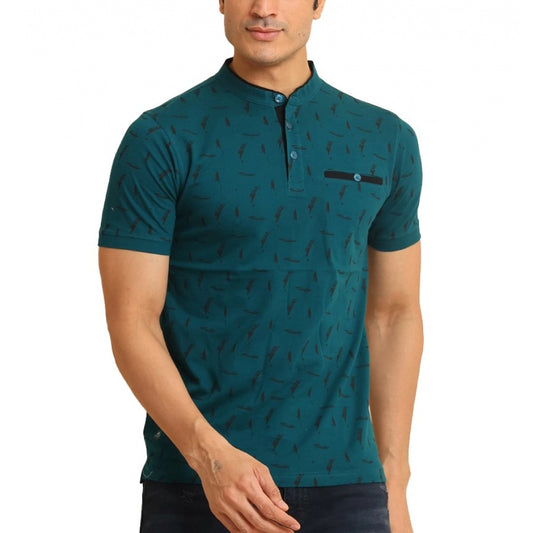 Clasymist Men's Casual Cotton Printed Mandarin Collar Half Sleeve T-Shirt (Green)