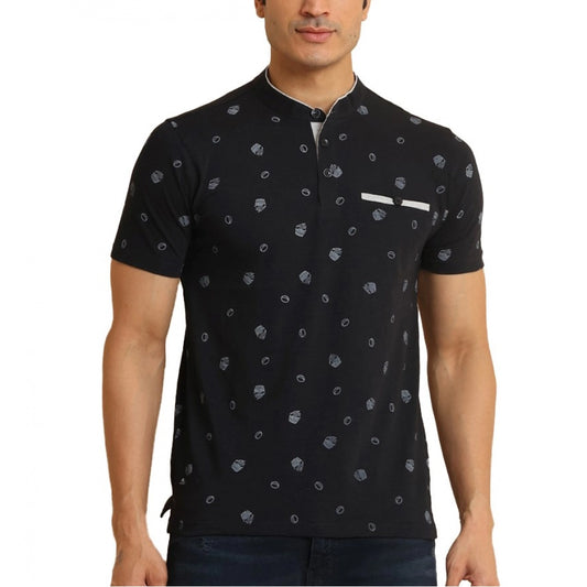 Clasymist Men's Casual Cotton Printed Mandarin Collar Half Sleeve T-Shirt (Black)