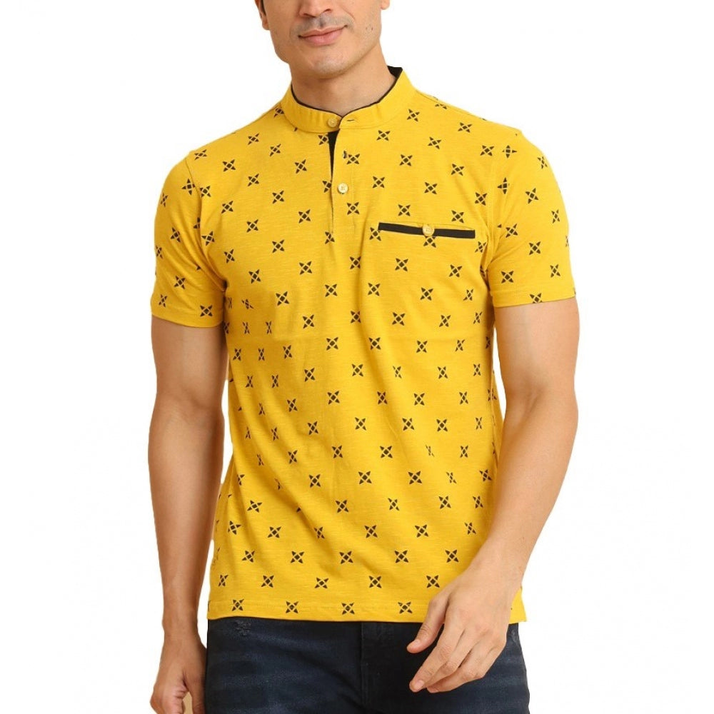 Clasymist Men's Casual Cotton Printed Mandarin Collar Half Sleeve T-Shirt (Mustard)