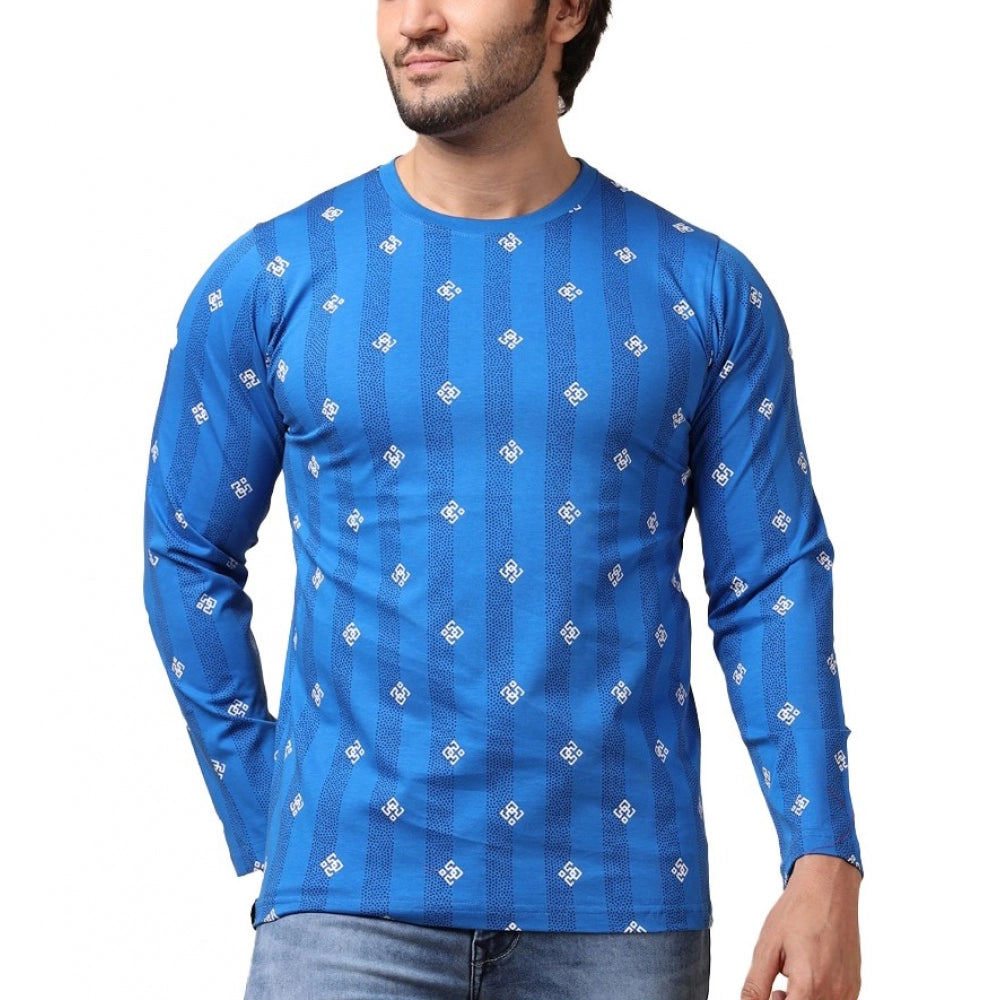 Clasymist Men's Casual Cotton Printed Round Neck Full Sleeve T-Shirt (Blue)