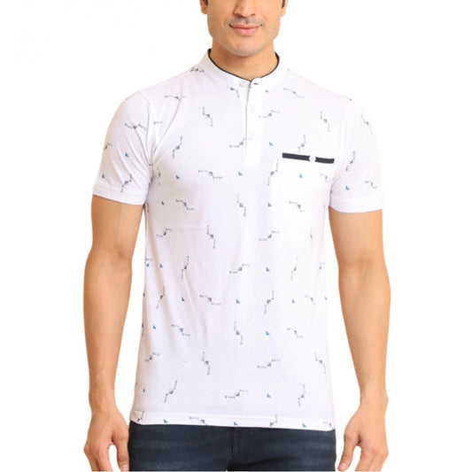 Clasymist Men's Casual Cotton Printed Mandarin Collar Half Sleeve T-Shirt (White)