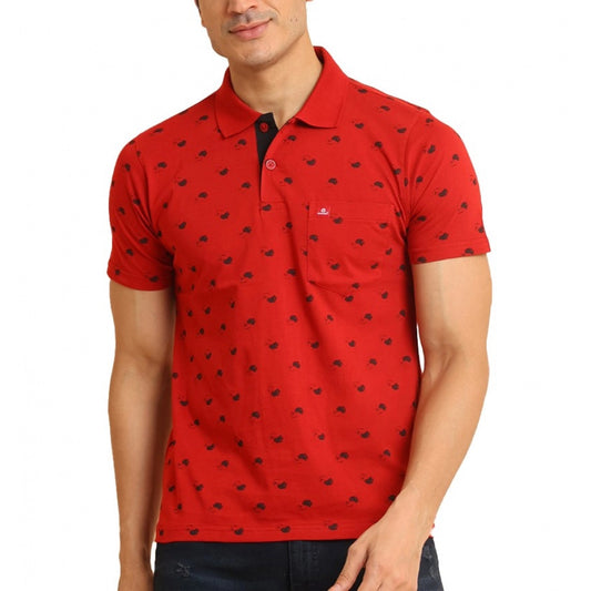 Clasymist Men's Casual Cotton Printed Polo Neck Half Sleeve T-Shirt (Red)