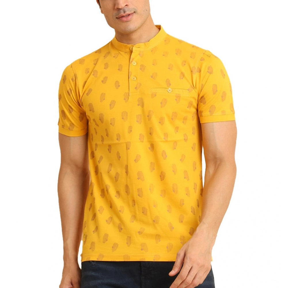 Clasymist Men's Casual Cotton Printed Mandarin Collar Half Sleeve T-Shirt (Mustard)