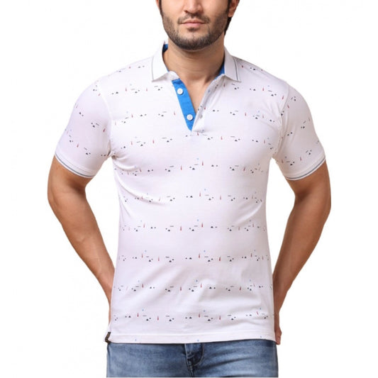 Clasymist Men's Casual Cotton Printed Polo Neck Half Sleeve T-Shirt (White)