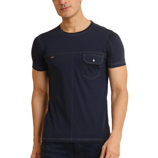 Clasymist Men's Casual Cotton Solid Round Neck Half Sleeve T-Shirt (Navy)