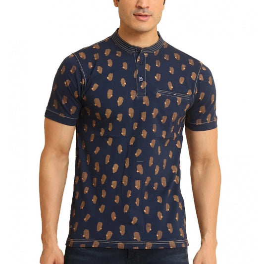 Clasymist Men's Casual Cotton Printed Mandarin Collar Half Sleeve T-Shirt (Navy)