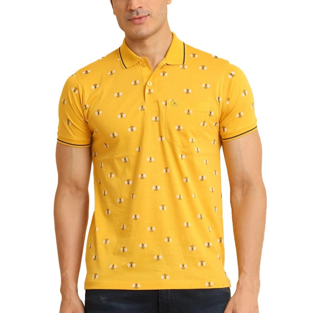 Clasymist Men's Casual Cotton Printed Polo Neck Half Sleeve T-Shirt (Mustard)