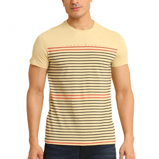 Clasymist Men's Casual Cotton Printed Round Neck Half Sleeve T-Shirt (Beige)