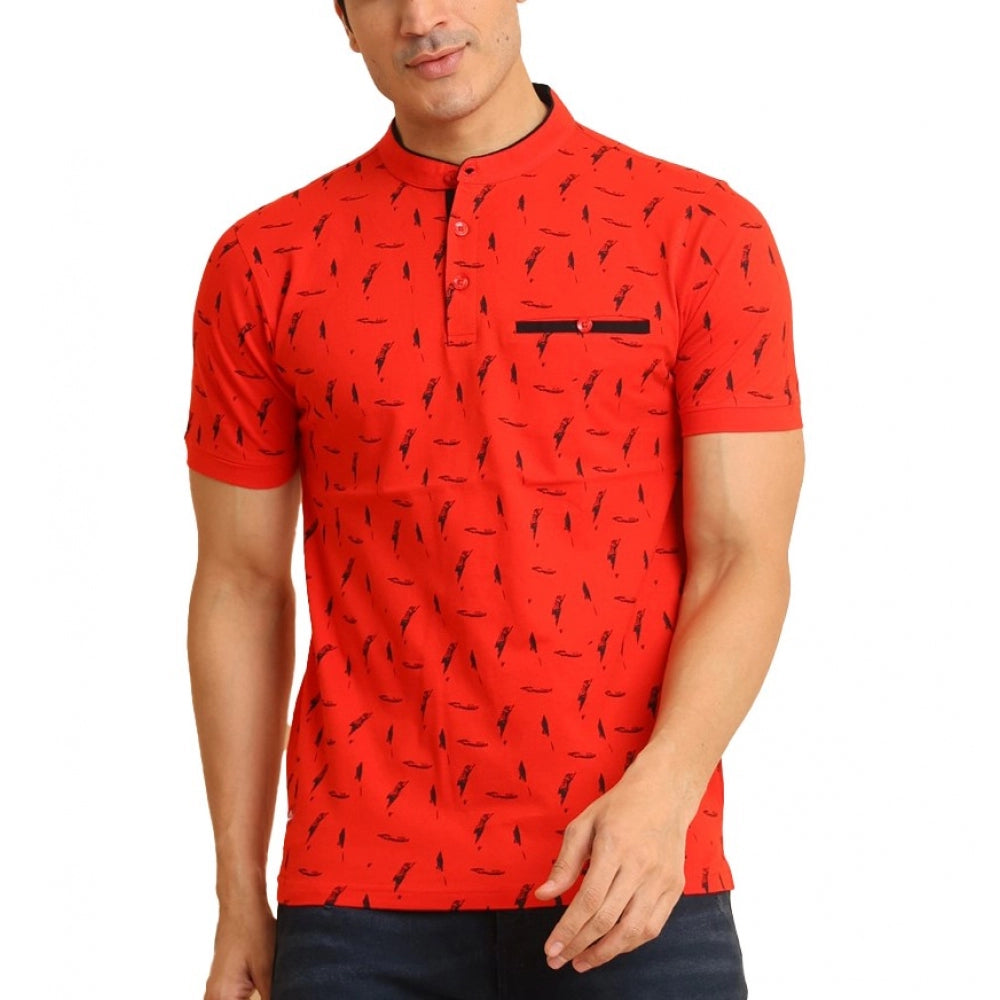 Clasymist Men's Casual Cotton Printed Mandarin Collar Half Sleeve T-Shirt (Red)