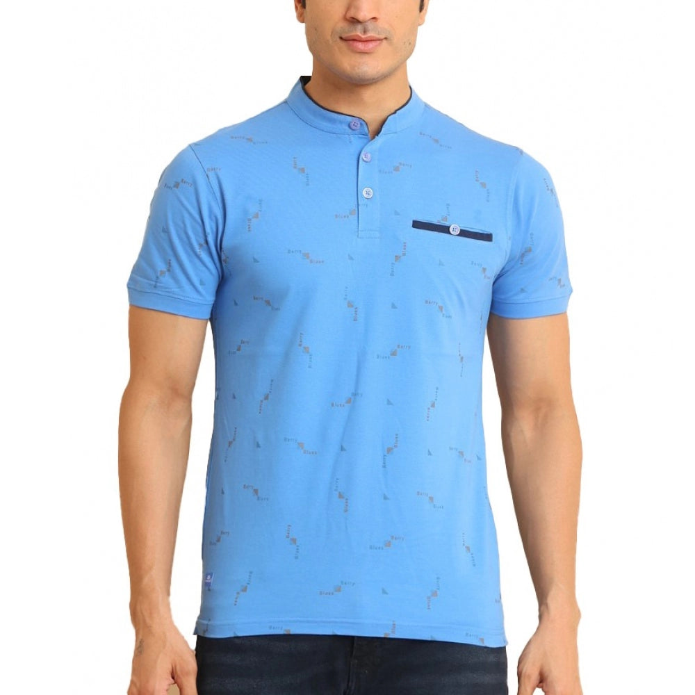 Clasymist Men's Casual Cotton Printed Mandarin Collar Half Sleeve T-Shirt (LightBlue)