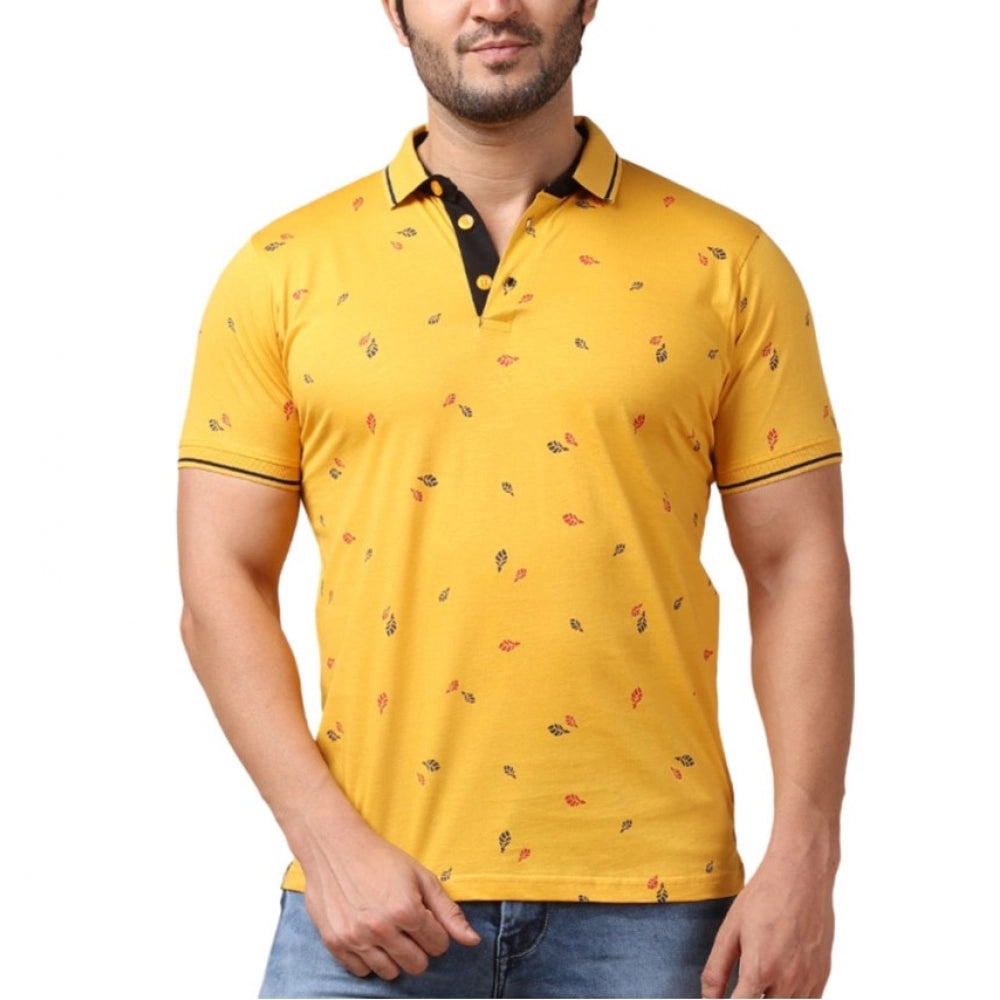 Clasymist Men's Casual Cotton Printed Polo Neck Half Sleeve T-Shirt (Mustard)