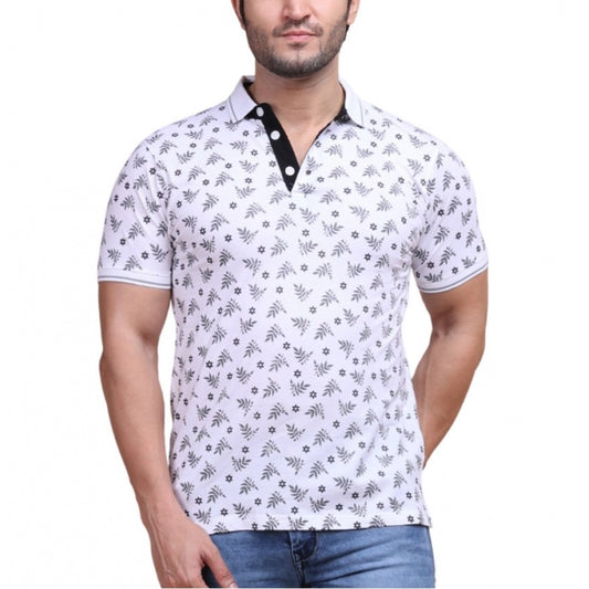 Clasymist Men's Casual Cotton Printed Polo Neck Half Sleeve T-Shirt (White)