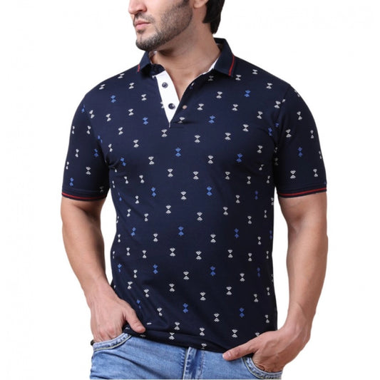 Clasymist Men's Casual Cotton Printed Polo Neck Half Sleeve T-Shirt (Navy)