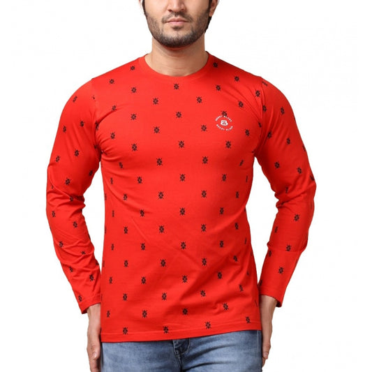 Clasymist Men's Casual Cotton Printed Round Neck Full Sleeve T-Shirt (Red)