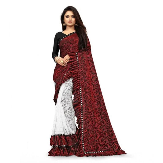 Clasymist Women's Silk With Mirror Lace Solid Saree With Unstitched Blouse (Red, 5-5 Mtrs)